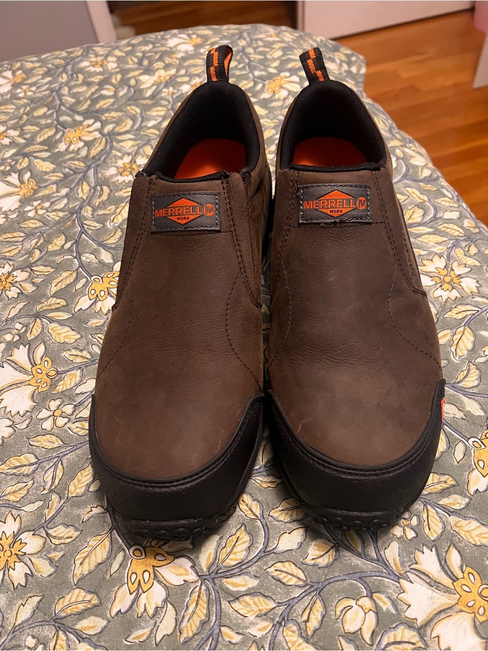 Merrell Brown Slip-On Work Loafers with Orange Accents